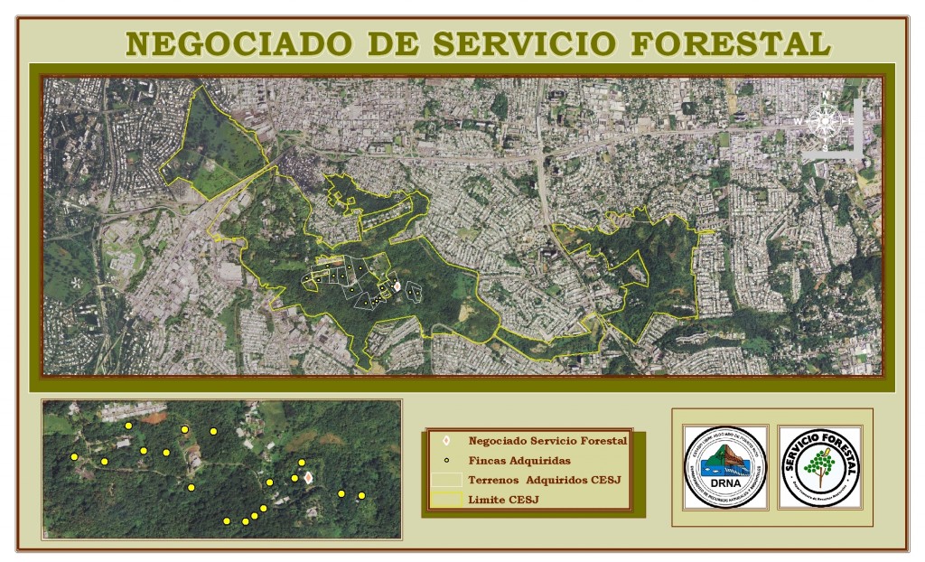 Mapa de terrenos adquiridos en el Bosque del Nuevo Milenio en el Corredor Ecológico de San Juan